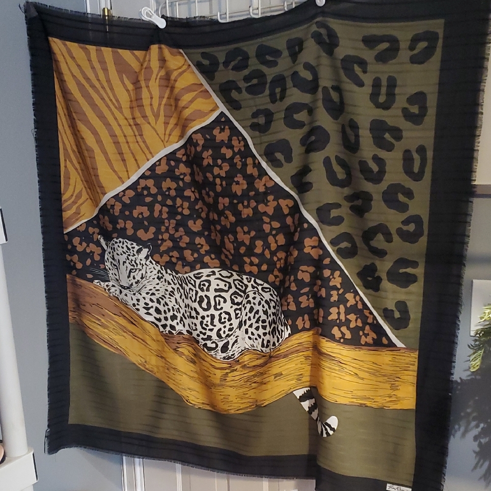 Jim Renoir Leopard Animal Print Scarf in Black, Gold, and Green